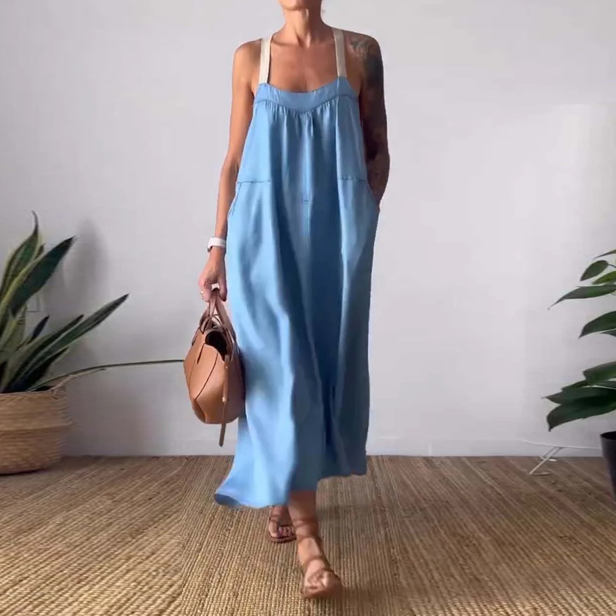 Casual Solid Color Cotton And Linen Suspender Dress-elviree