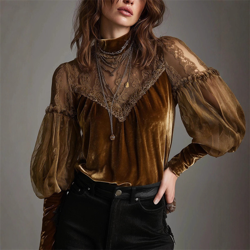 Mesh Splicing Black Lace Hollow Lace Top-elviree