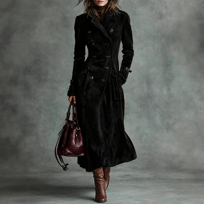 Vintage Western Lapel Buttoned Suede Trench Coat-elviree