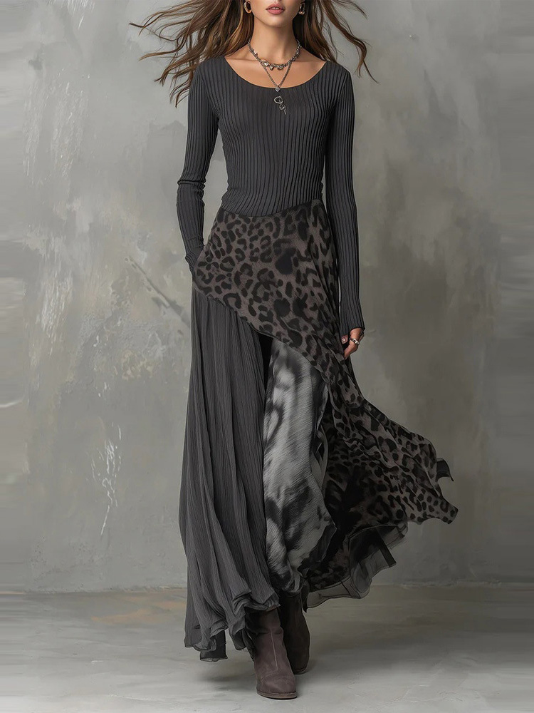 Vintage Leopard Print Slim Fit Patchwork Maxi Dress-elviree