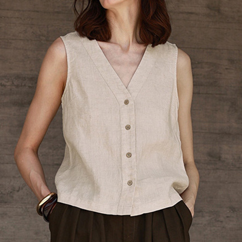 Women's Solid Color Cotton-linen Button-up Vest-elviree