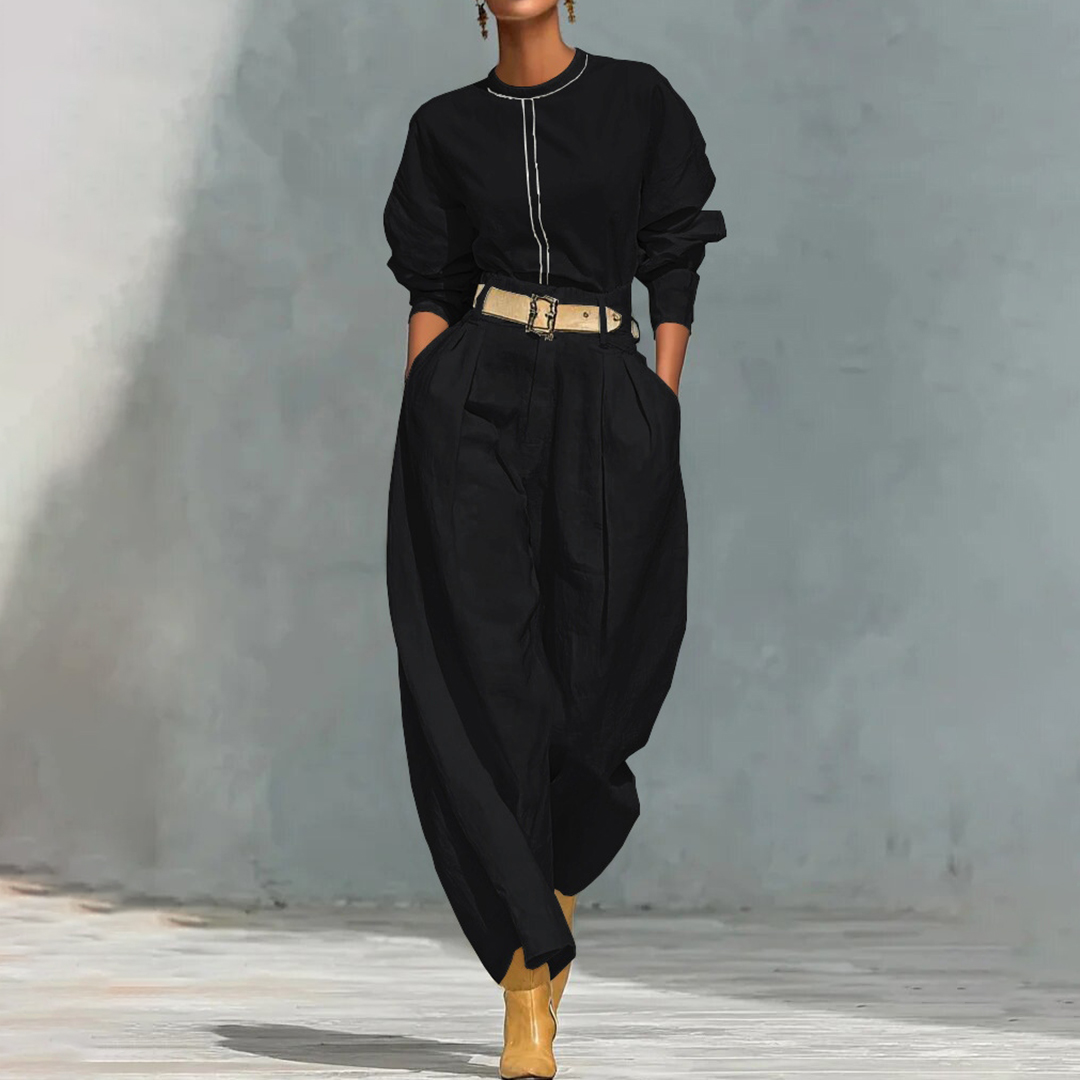 Simple Loose Top And Harem Wide-leg Pants Two-piece Set (with Belt)-elviree