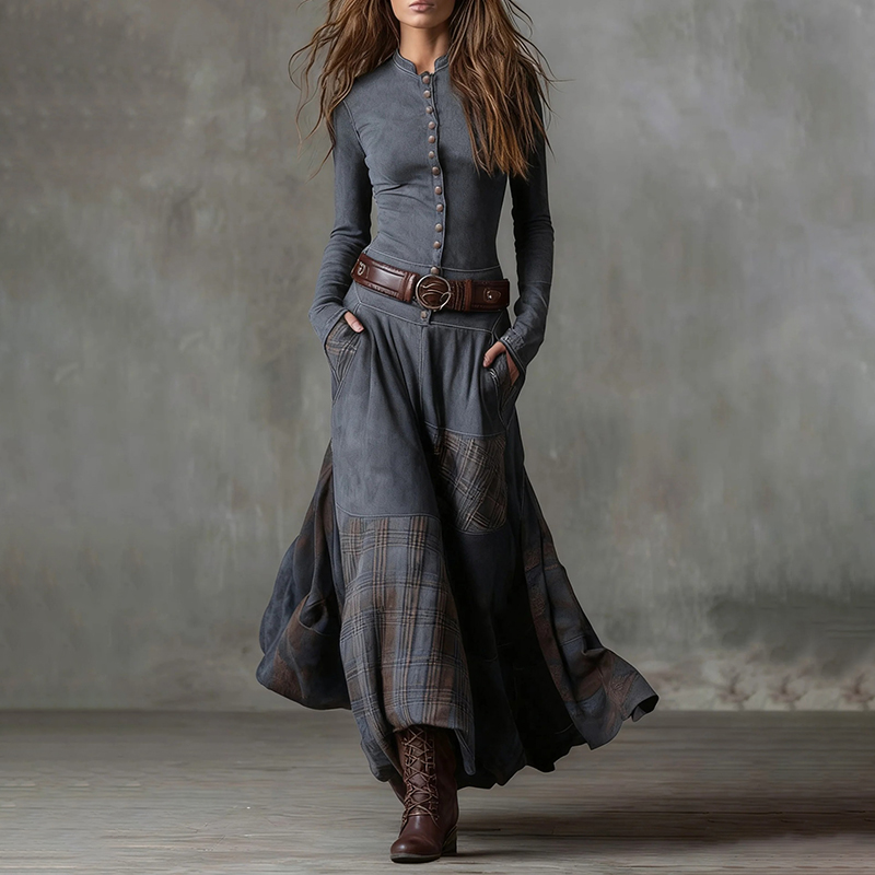Vintage Patchwork Loose Elastic Long-sleeved Maxi Dress-elviree