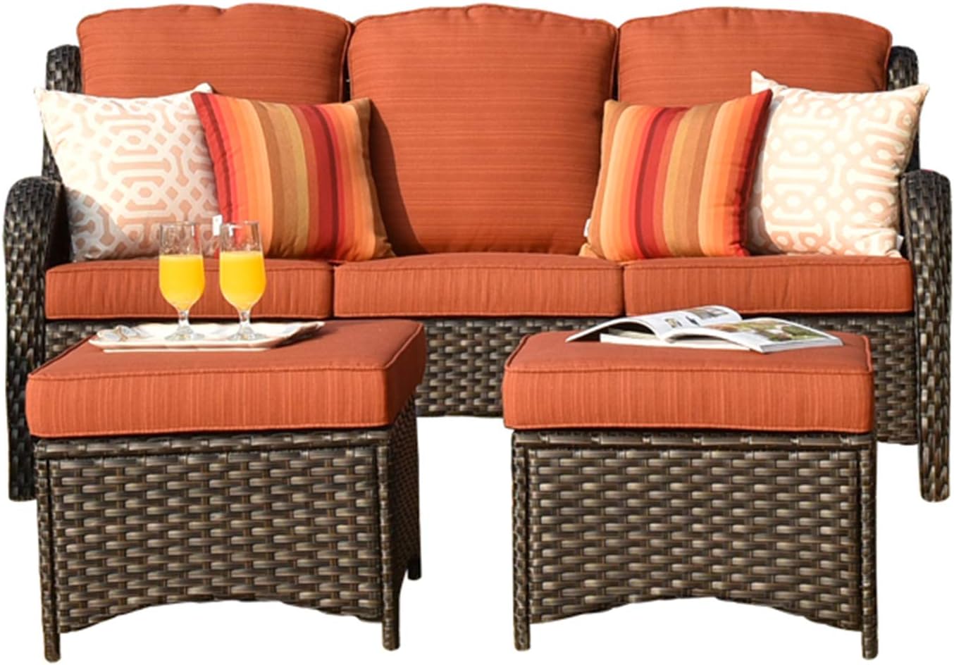3 Pieces Rattan Outdoor Sofa with Orange Cushions