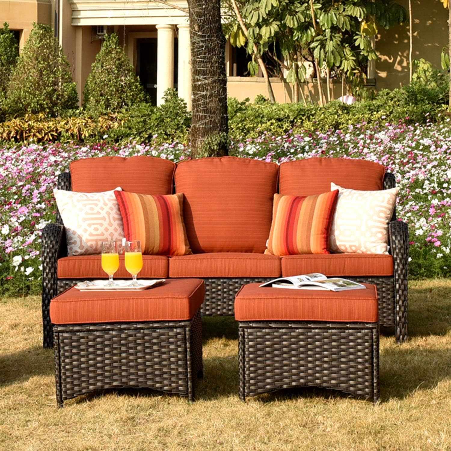 3 Pieces Rattan Outdoor Sofa with Orange Cushions