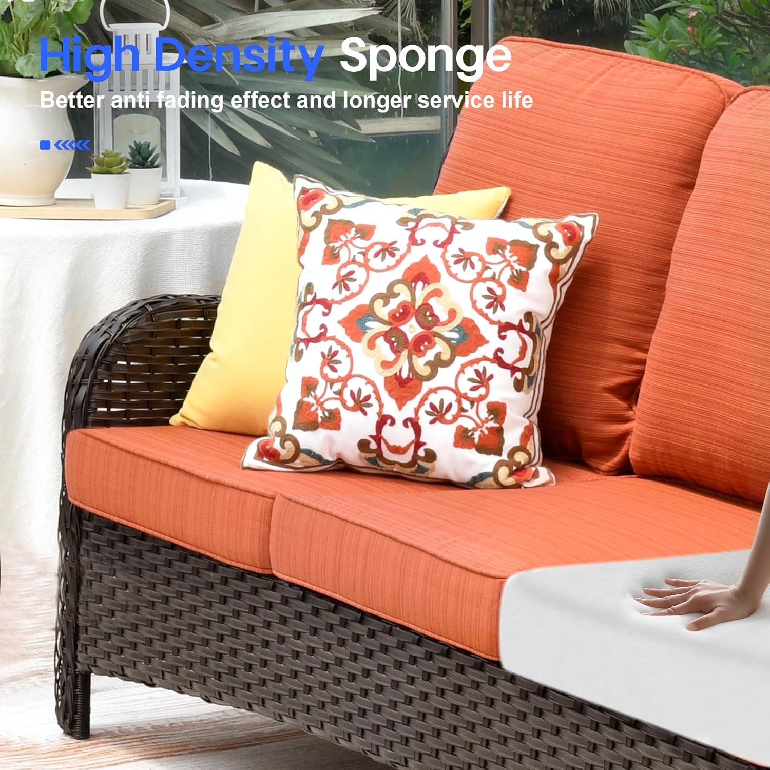 3 Pieces Rattan Outdoor Sofa with Orange Cushions