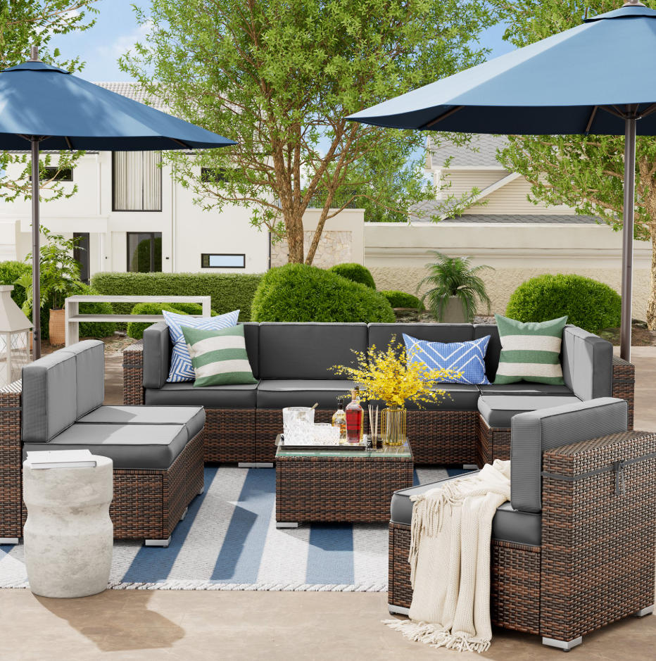 9 Pieces Outdoor Sectional Sofa with Tea Table