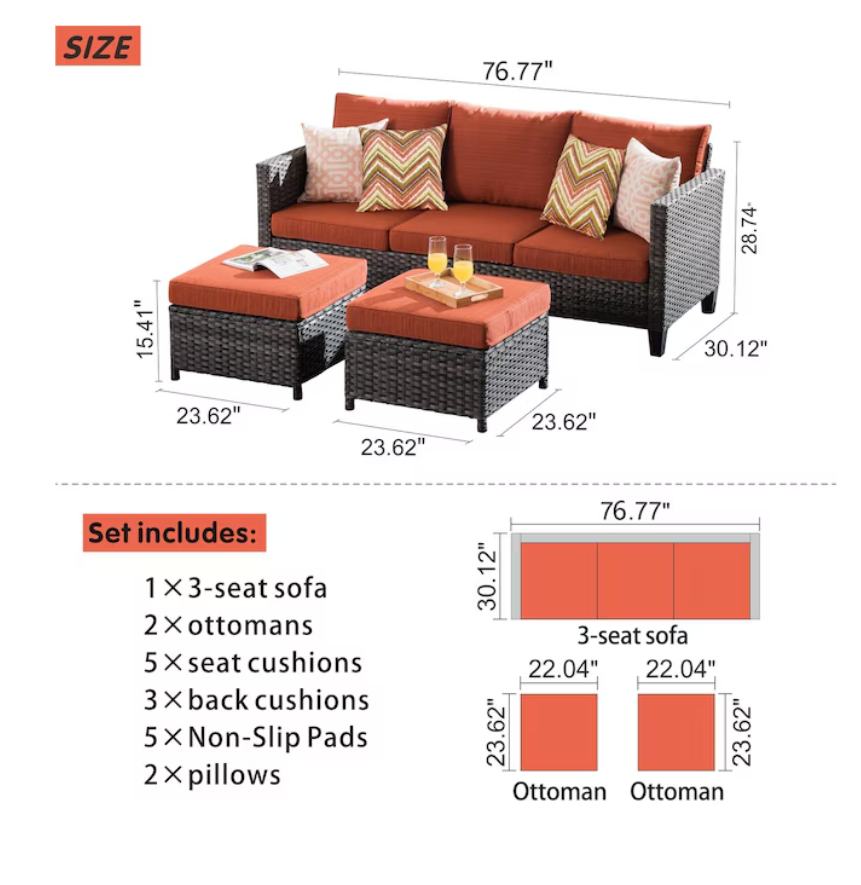 3 Pieces Rattan Outdoor Sofa with Orange Cushions