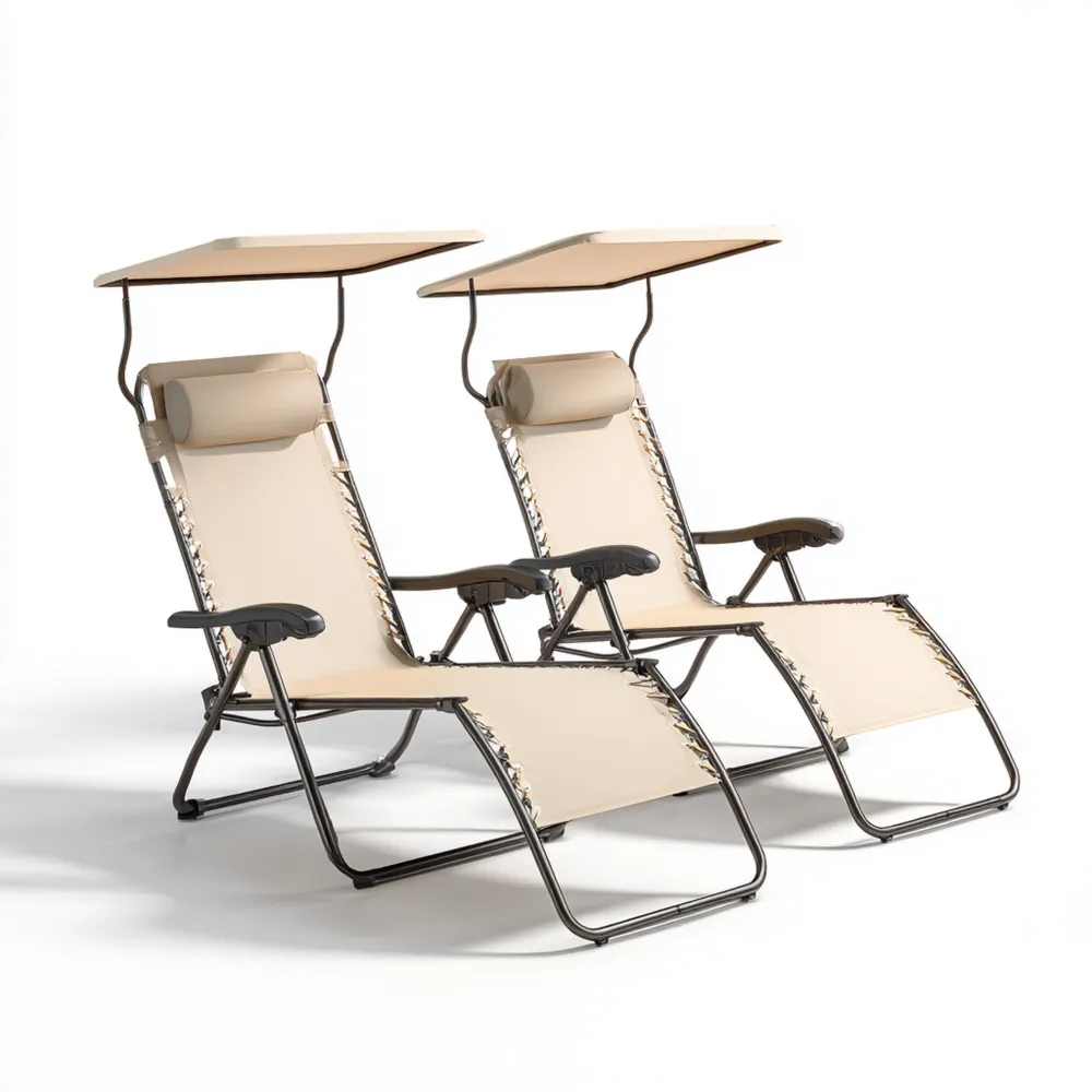 Lettino prendisole in metallo e tessuto 160x65x110 cm con baldacchino regolabile - Beige - Design ergonomico