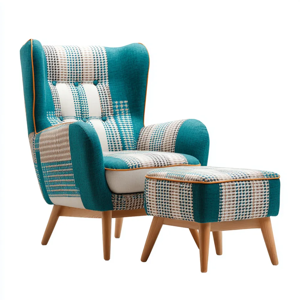 Poltrona Relax Patchwork in Tessuto 85x75x100 cm con Pouf 50x50x40 cm - Design Retrò