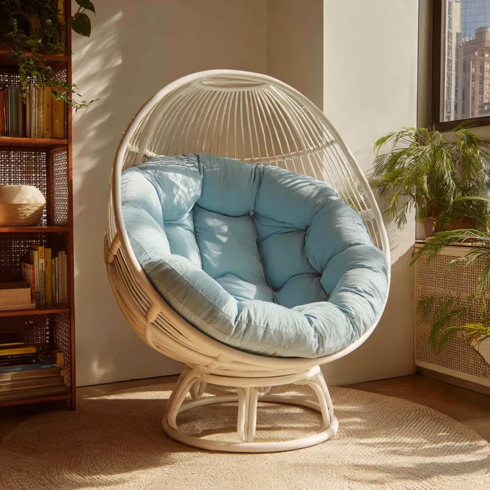 Poltrona relax in rattan 100x100x120 cm con cuscino – Azzurro – Design moderno