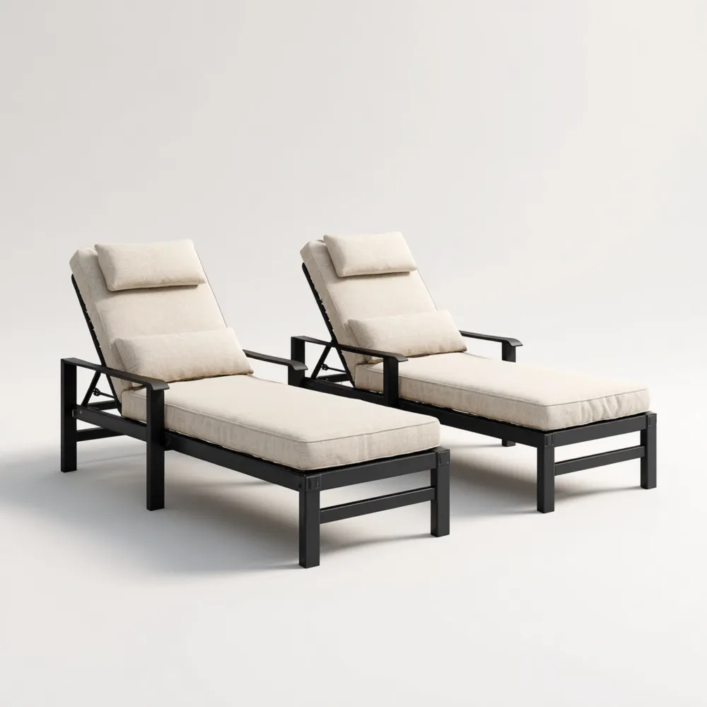 Lettino prendisole 200x65x35 cm con struttura in metallo e cuscini Beige/Nero - Design moderno