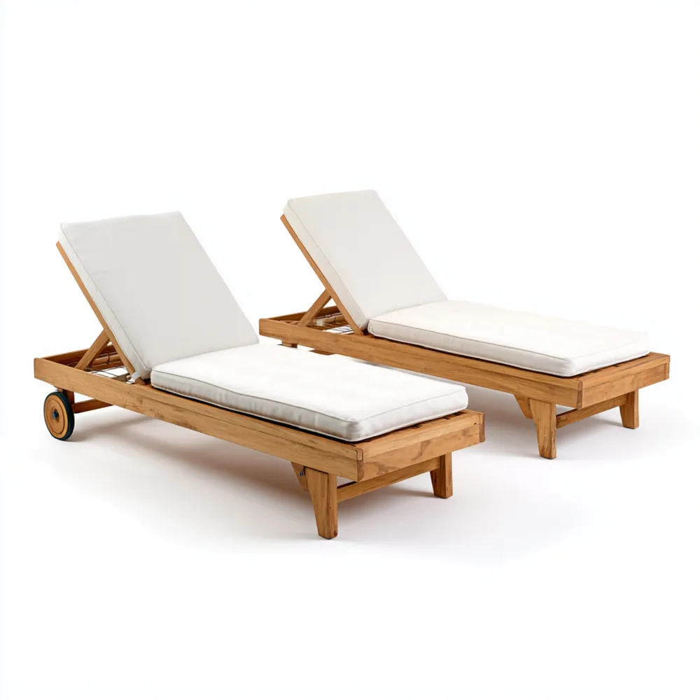 Lettino prendisole in legno di teak 200x65x35 cm con cuscini Crema - Regolabile