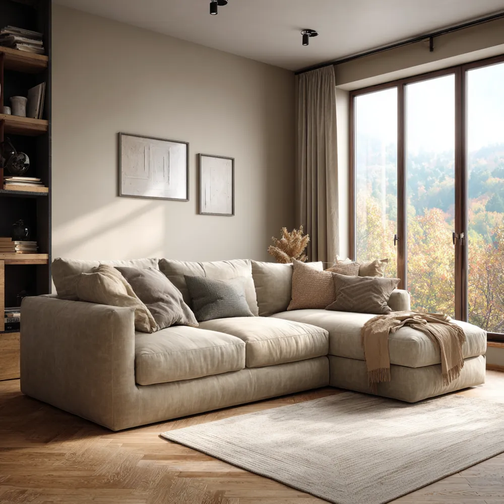 Divano angolare in tessuto 280x170x85 cm – Beige – Design moderno