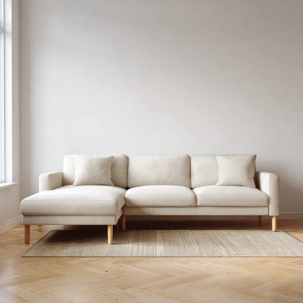 Divano angolare in tessuto 300x95x85 cm – Beige – Design moderno