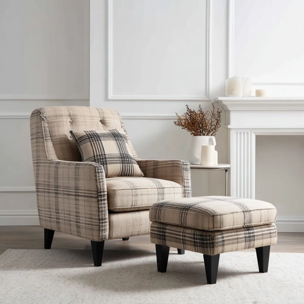 Poltrona relax 80x90x100 cm con poggiapiedi 60x45x40 cm tessuto scozzese Beige