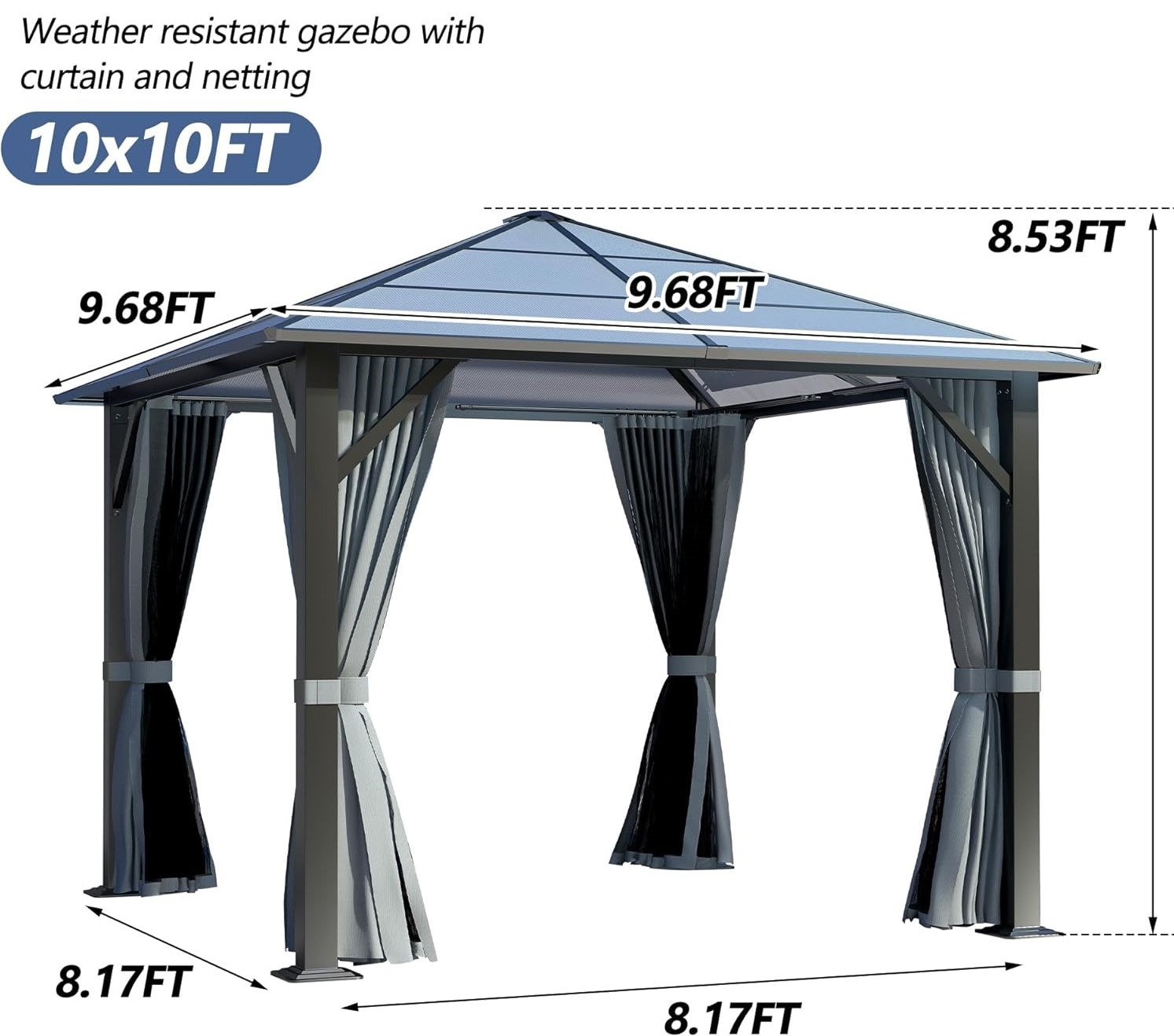 10’x10’ Patio Hardtop Gazebo with Polycarbonate Roof