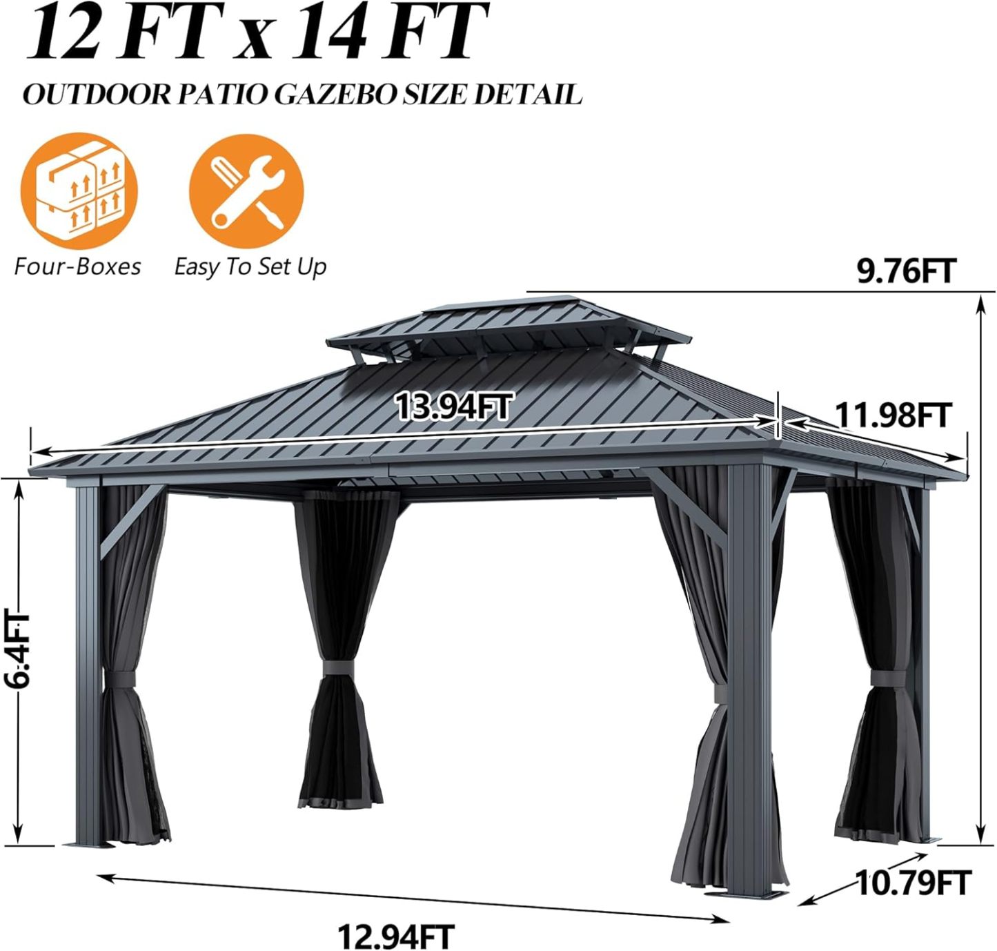 12'x14' Outdoor Hardtop Gazebo with Double Roof 