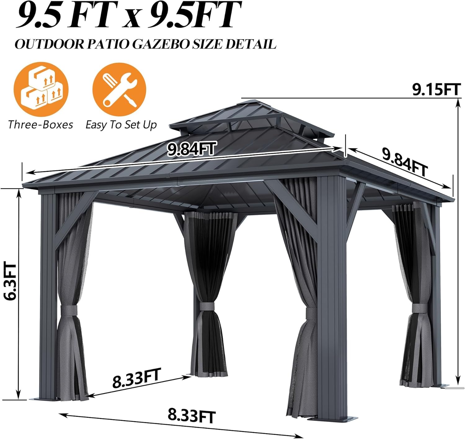 9.5x9.5FT Outdoor Hardtop Gazebo with Double Roof 