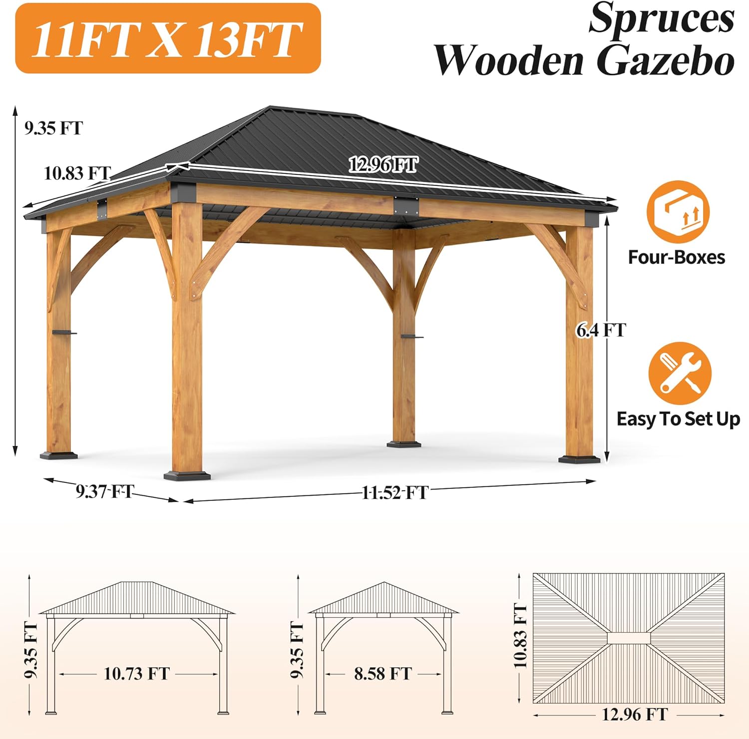 11’x 13’ Outdoor Spruce Wood Gazebo 