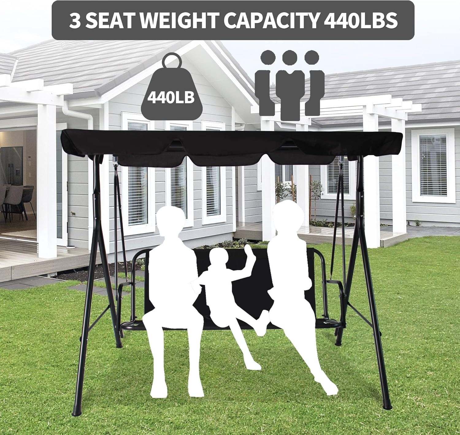 3-Seat Patio Swing Chair Black