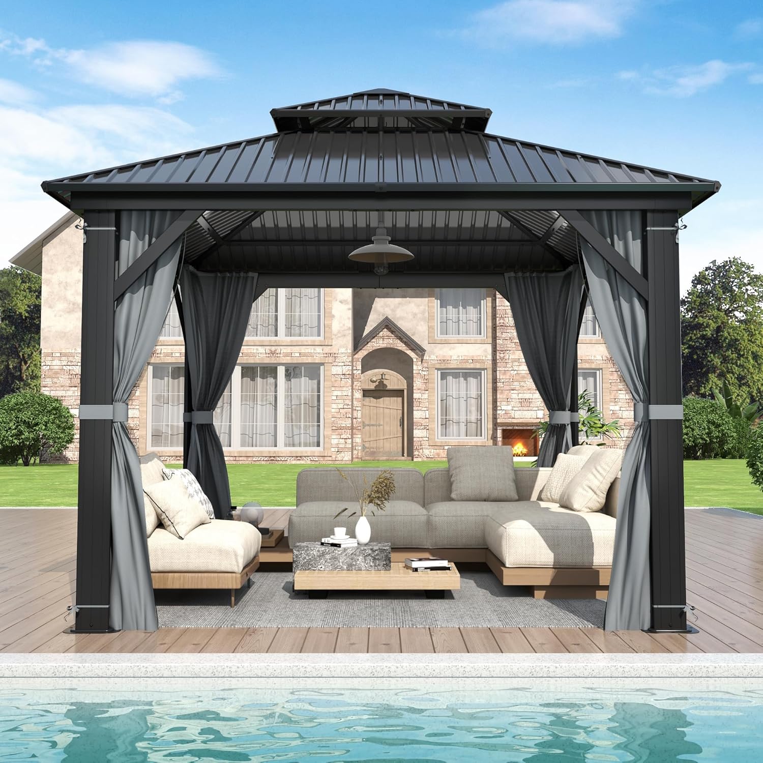 9.5x9.5FT Outdoor Hardtop Gazebo with Double Roof 