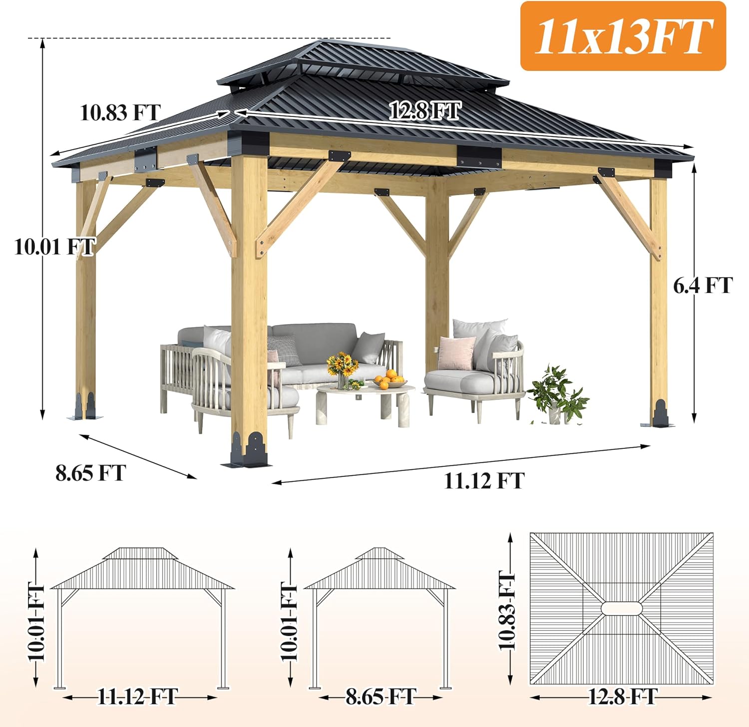 11’x13’ Outdoor Wooden Gazebo