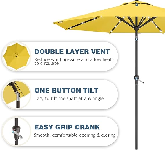 9FT Patio Umbrella with Solar Lights,Outdoor Market Umbrella