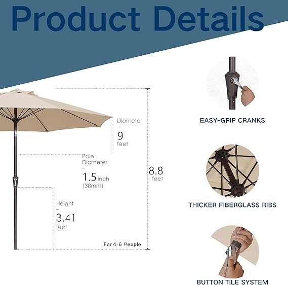 9FT Patio Umbrella, Outdoor Umbrella with Push Button