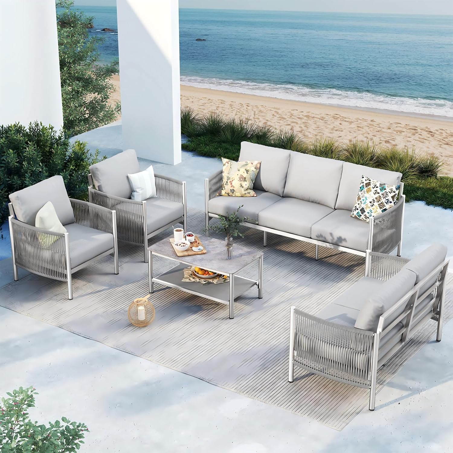 Aluminum Outdoor Patio Furniture Set with Dual-Layer Coffee Table