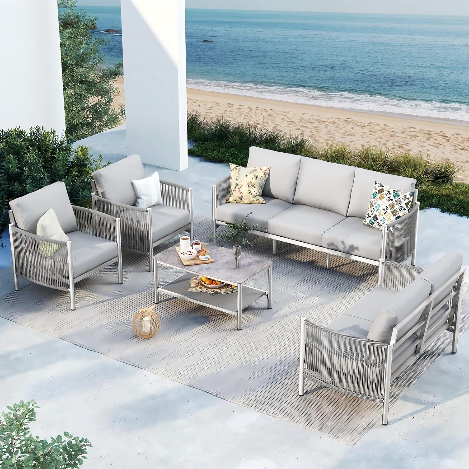 Aluminum Outdoor Patio Furniture Set with Dual-Layer Coffee Table