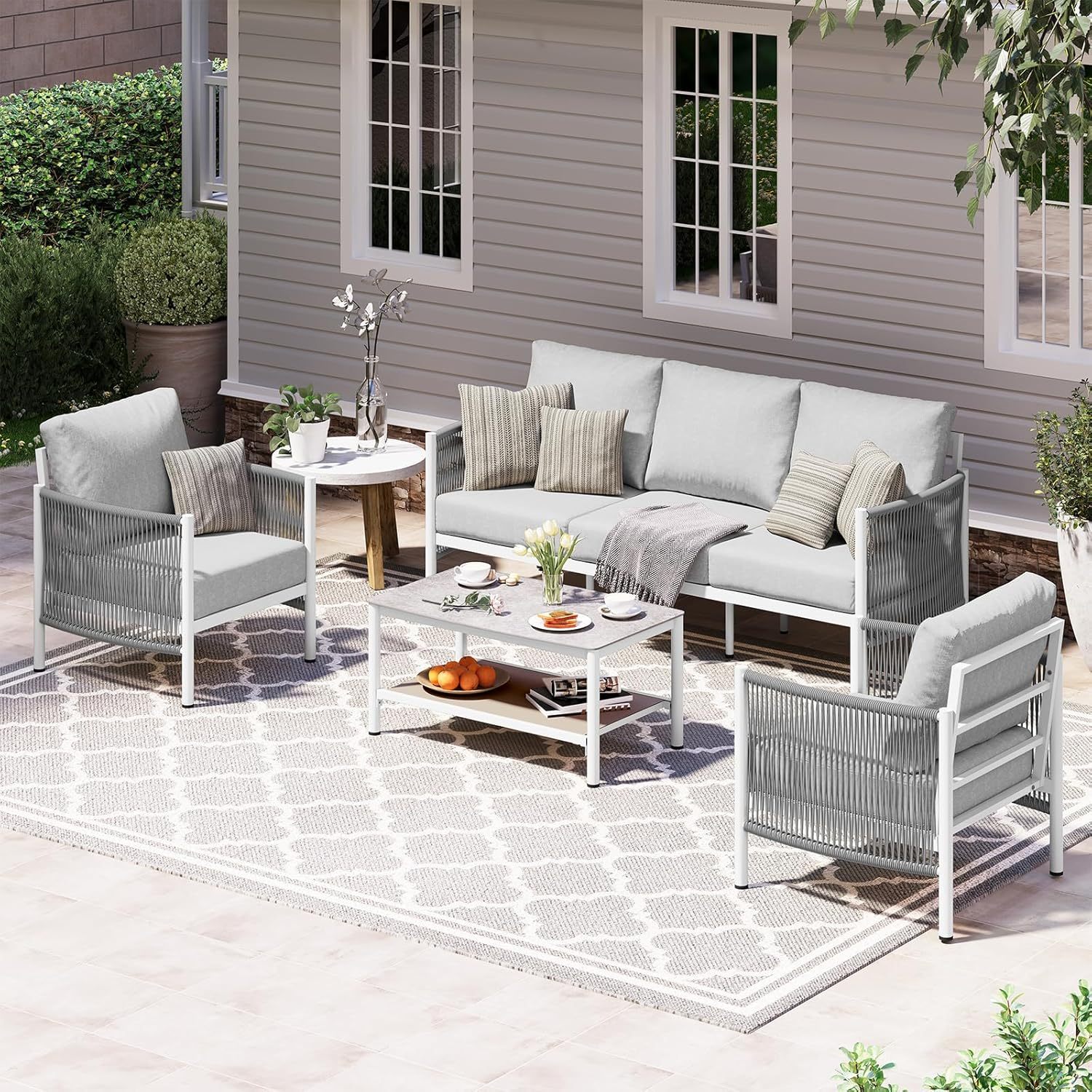 Aluminum Outdoor Patio Furniture Set with Dual-Layer Coffee Table