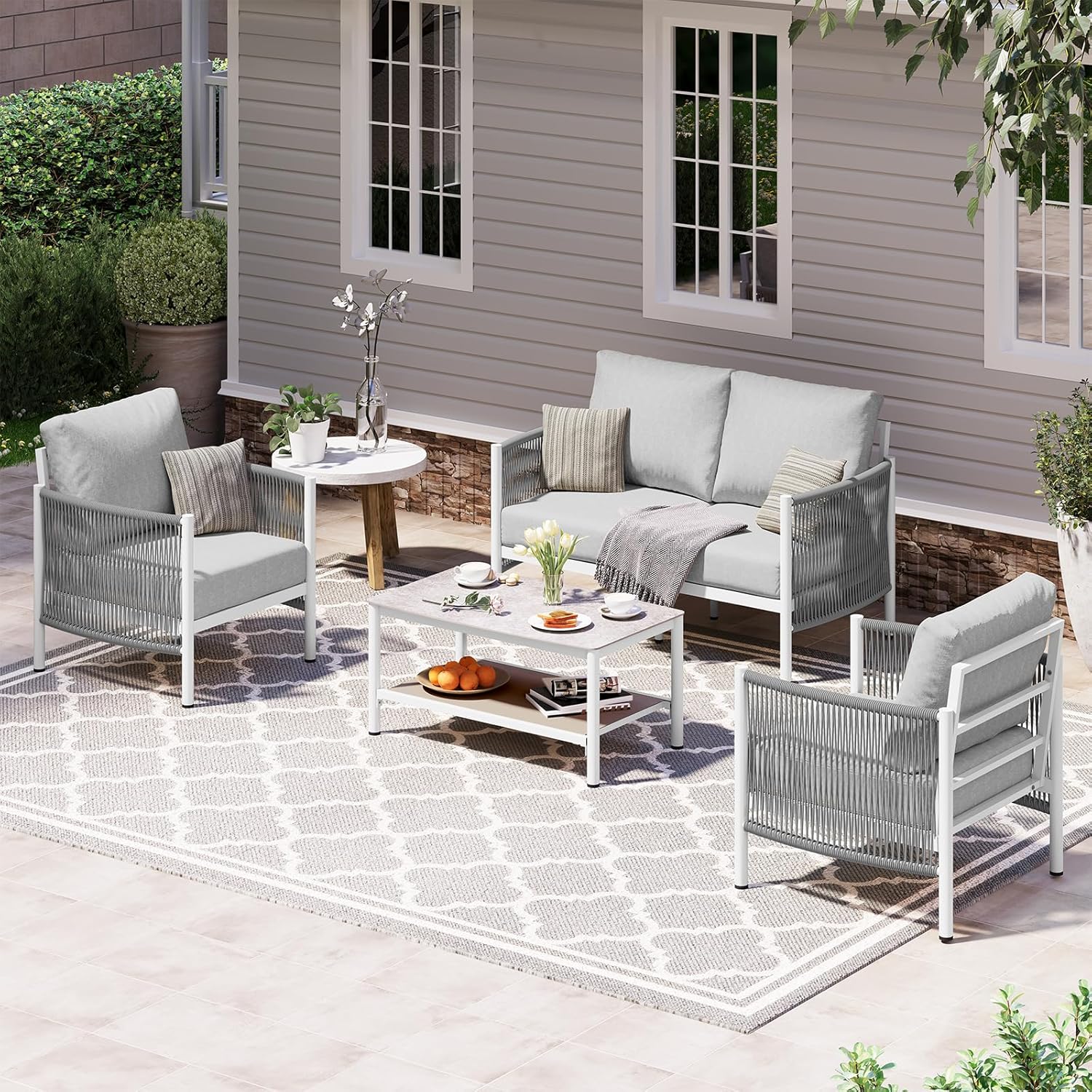 Aluminum Outdoor Patio Furniture Set with Dual-Layer Coffee Table