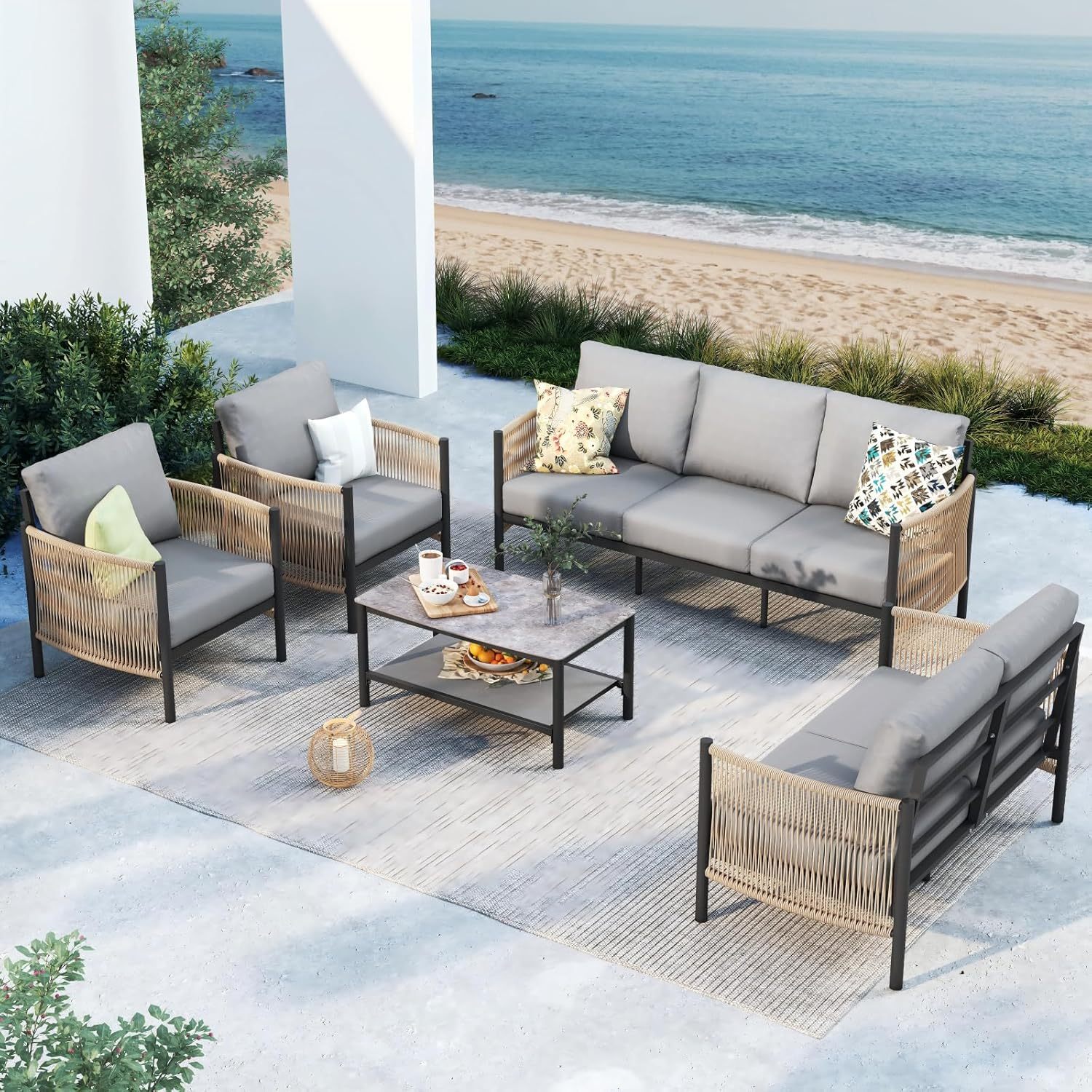 Aluminum Outdoor Patio Furniture Set with Dual-Layer Coffee Table