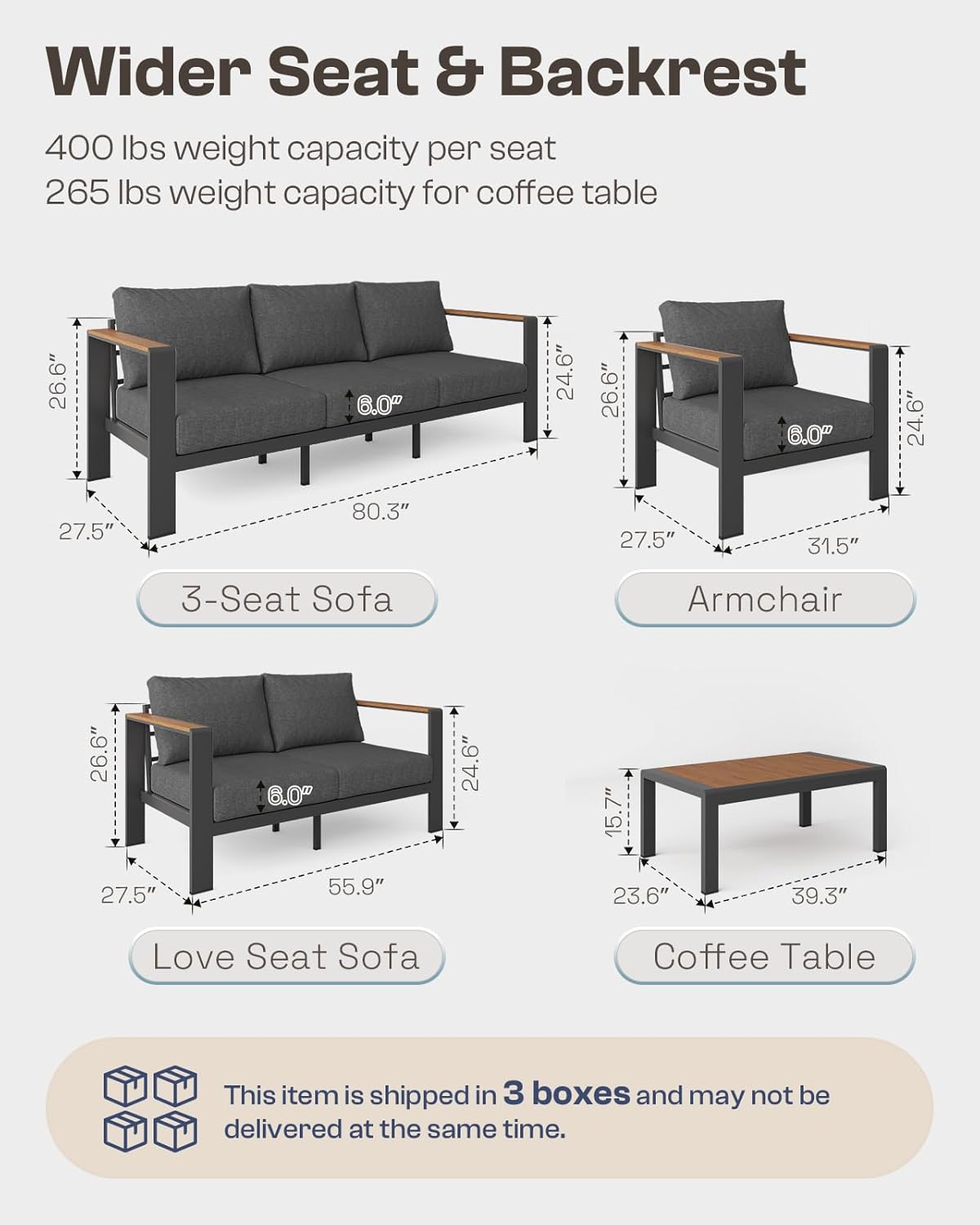 3 Seats All-Weather Outdoor Patio Sofa 