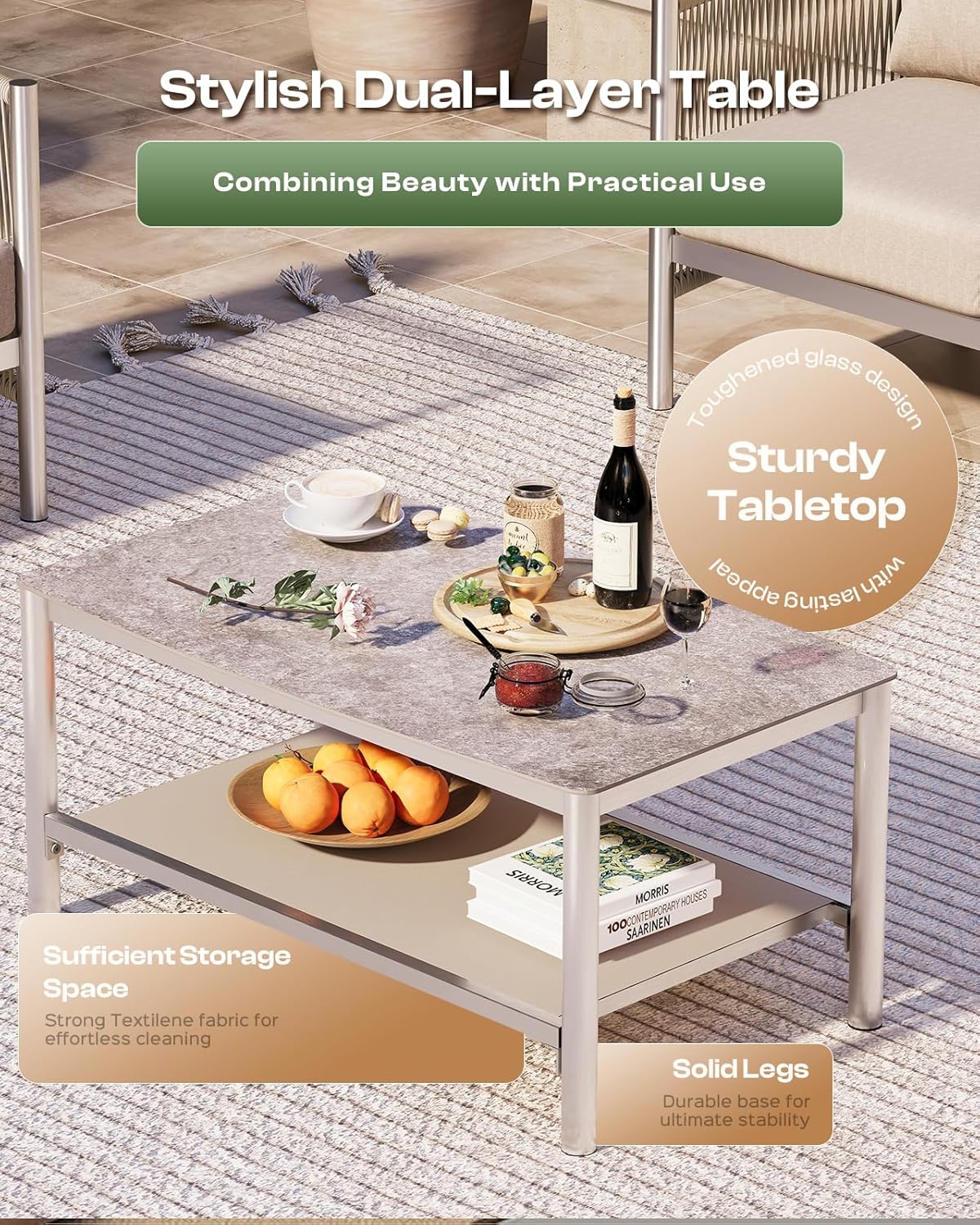 Aluminum Outdoor Patio Furniture Set with Dual-Layer Coffee Table