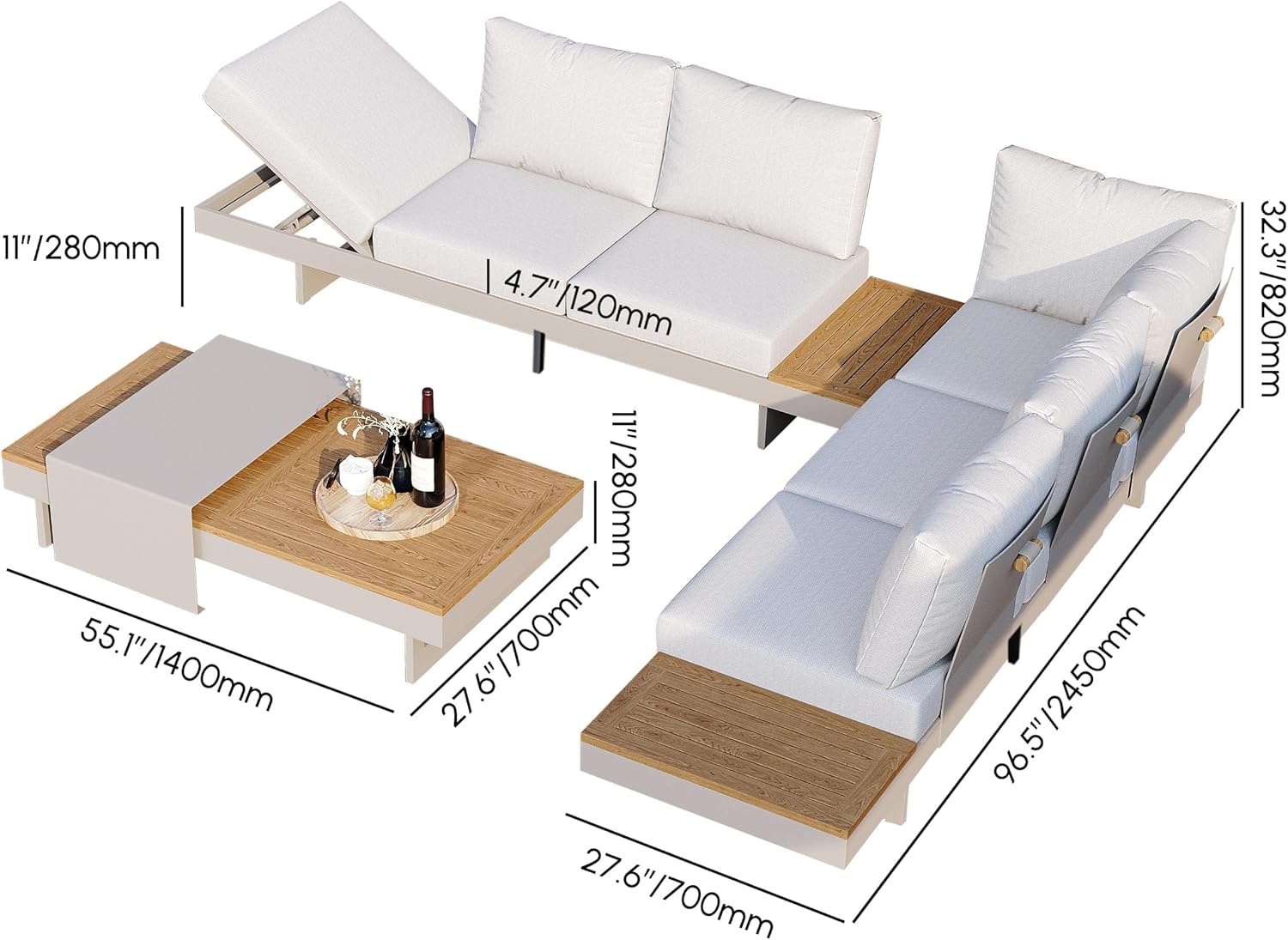 6 Piece Aluminum & Teak Outdoor Sofa Set 
