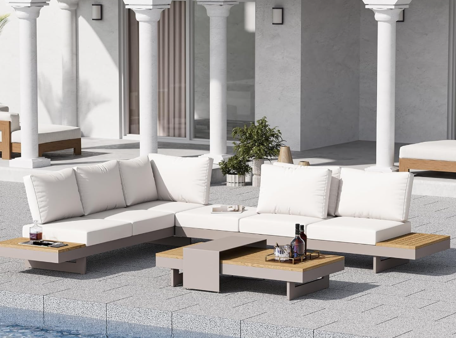 6 Piece Aluminum & Teak Outdoor Sofa Set 