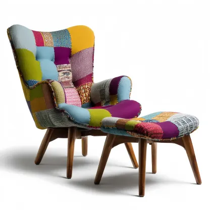 Ohrensessel mit Hocker 85x78x105 cm Stoffbezug Patchwork-Muster – Bunt – Retro Design