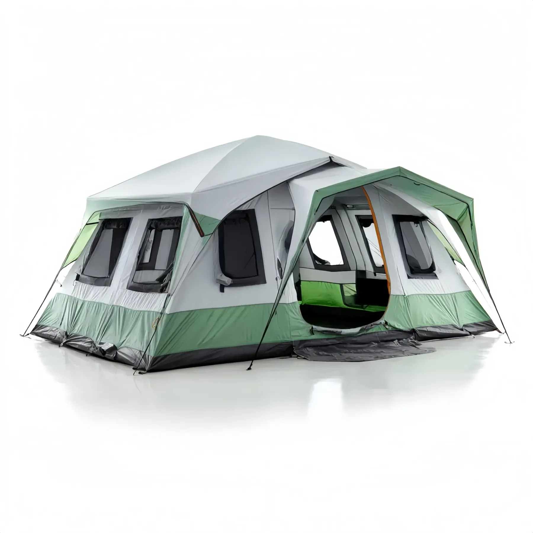 Großes Familienzelt 450x300x210 cm für Camping – Wasserdicht – Grün/Grau