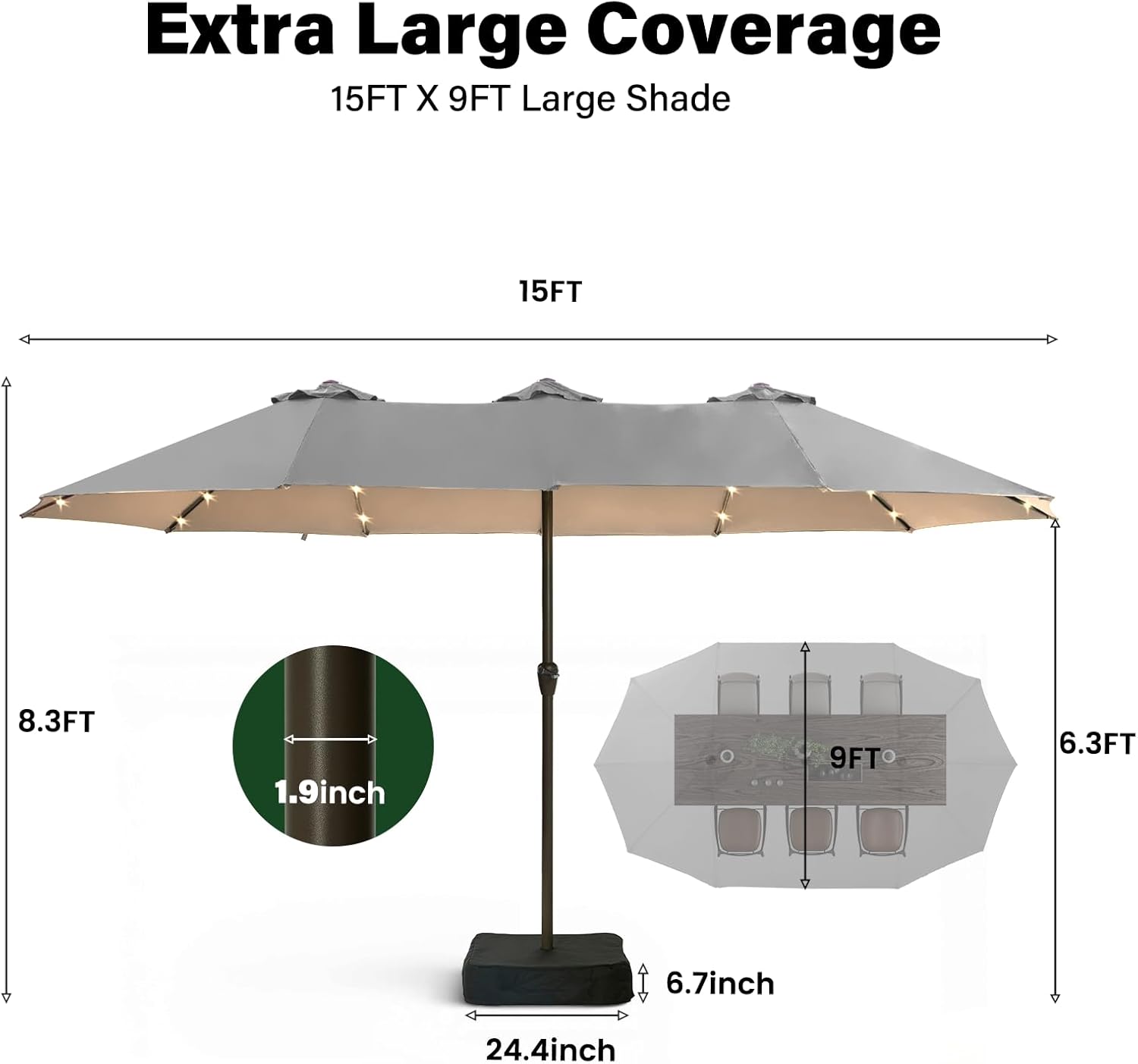 15FT Large Patio Umbrella with Solar Lights Light Gray