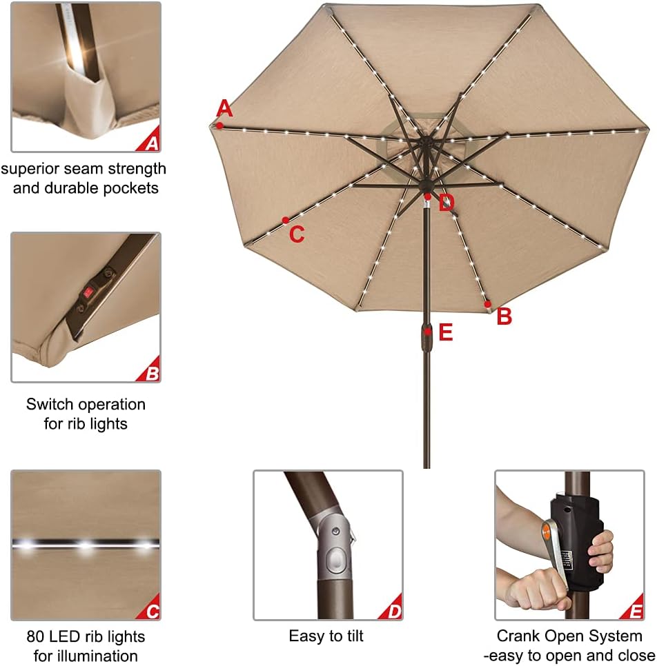 USA 10-Year-Non-Fading Solar 9ft Market Umbrella Heather Beige