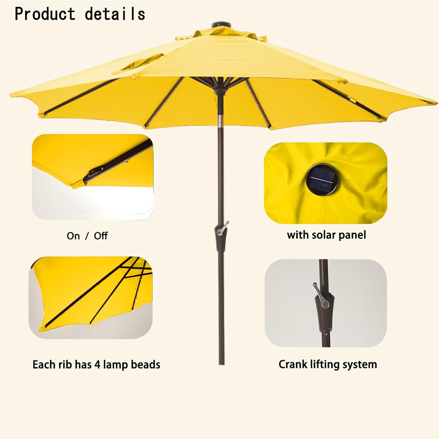 9FT Solar LED Patio Umbrella with 32 Lights and Tilt Crank Yellow