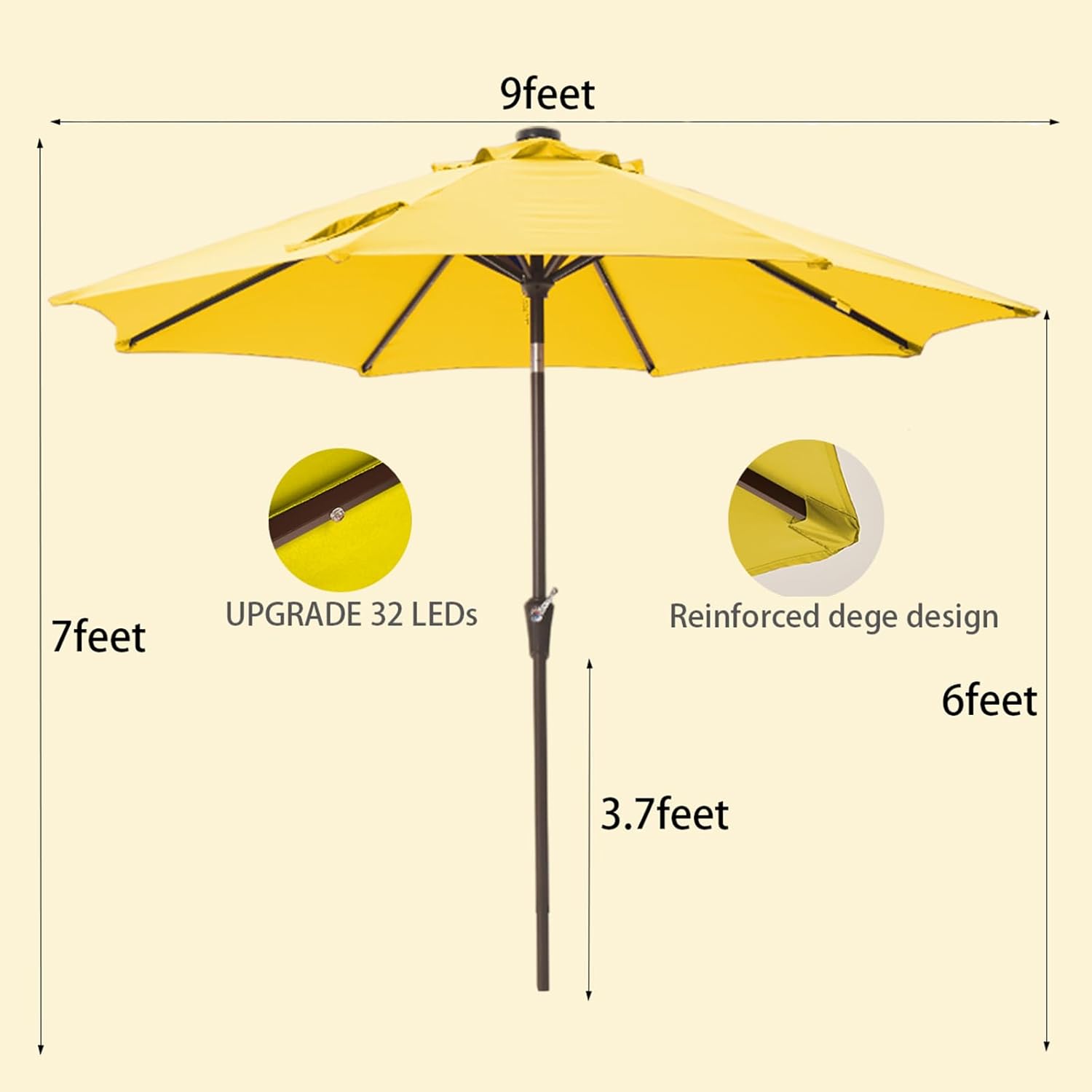 9FT Solar LED Patio Umbrella with 32 Lights and Tilt Crank Yellow