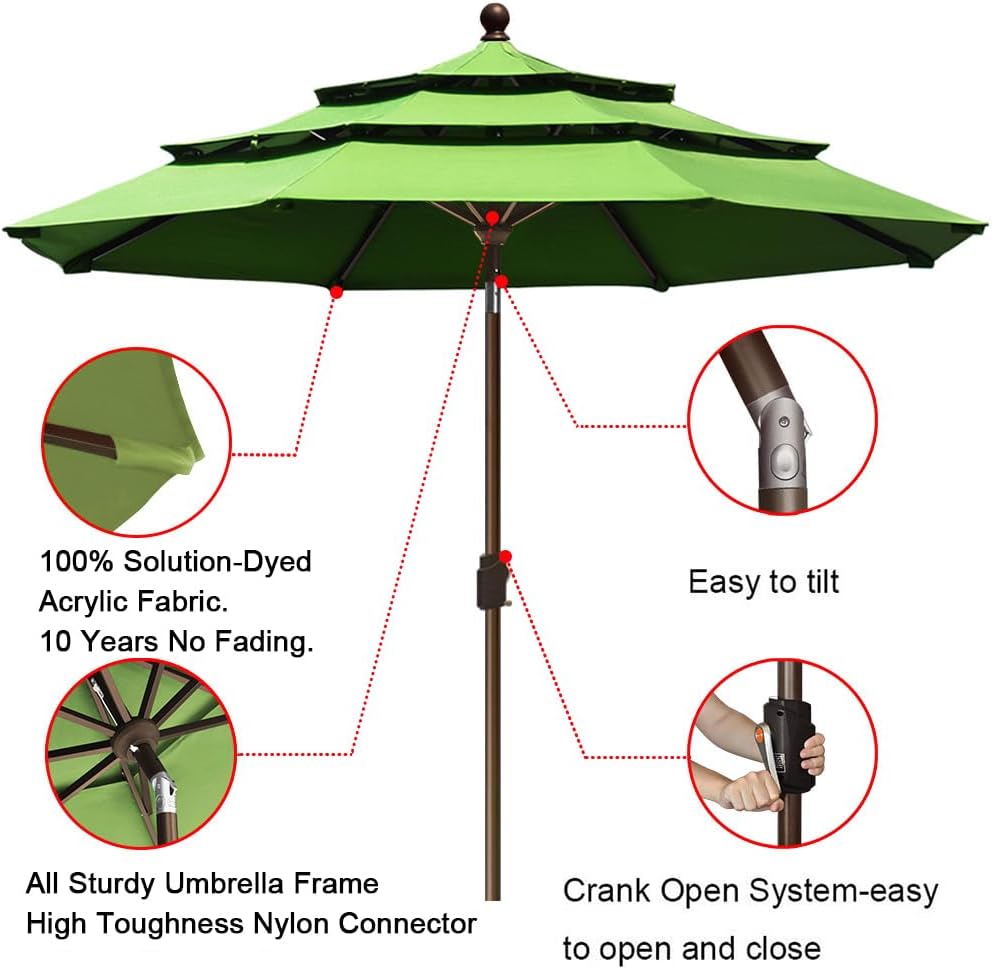 10-Year-Non-Fading 9Ft 3 Tiers Market Umbrella Macaw Green