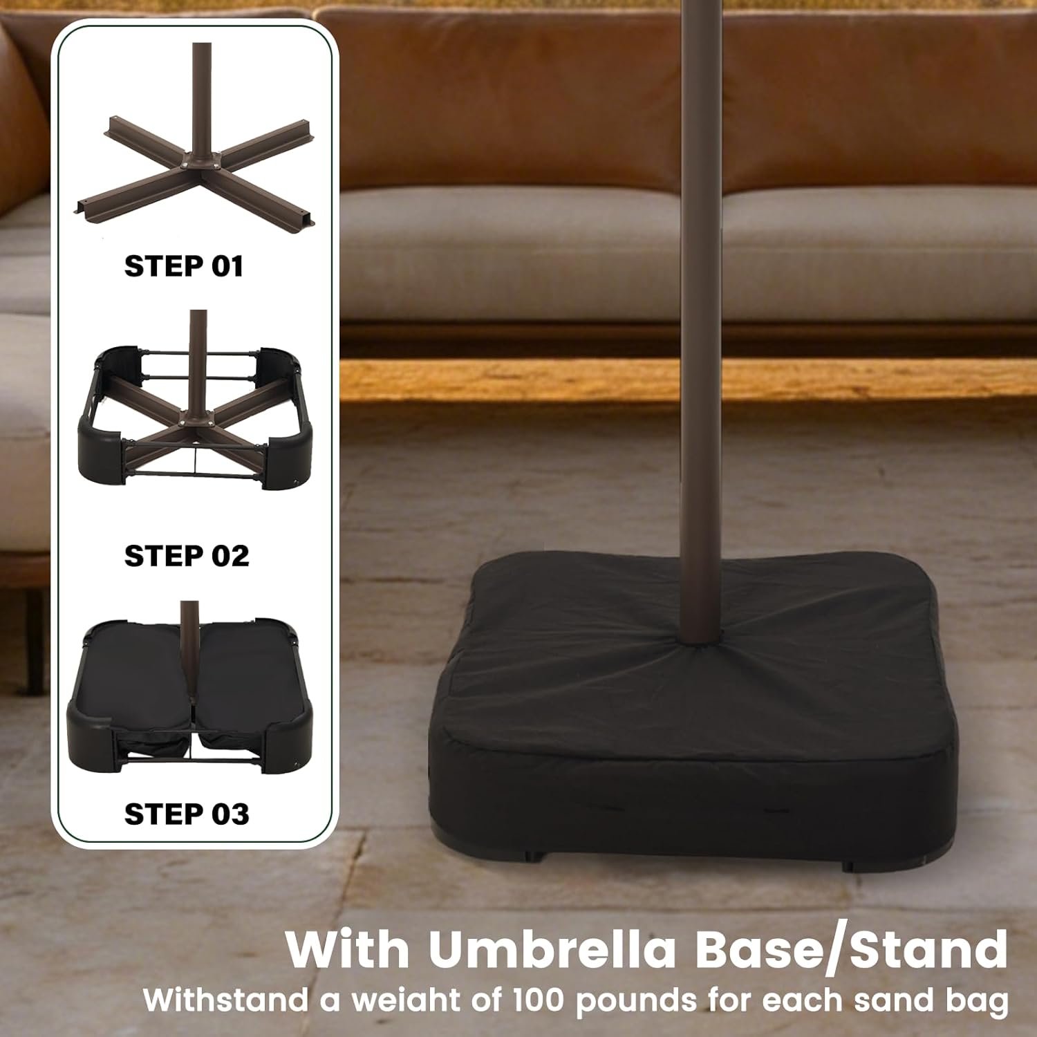 15FT Large Patio Umbrella with Solar Lights Light Gray