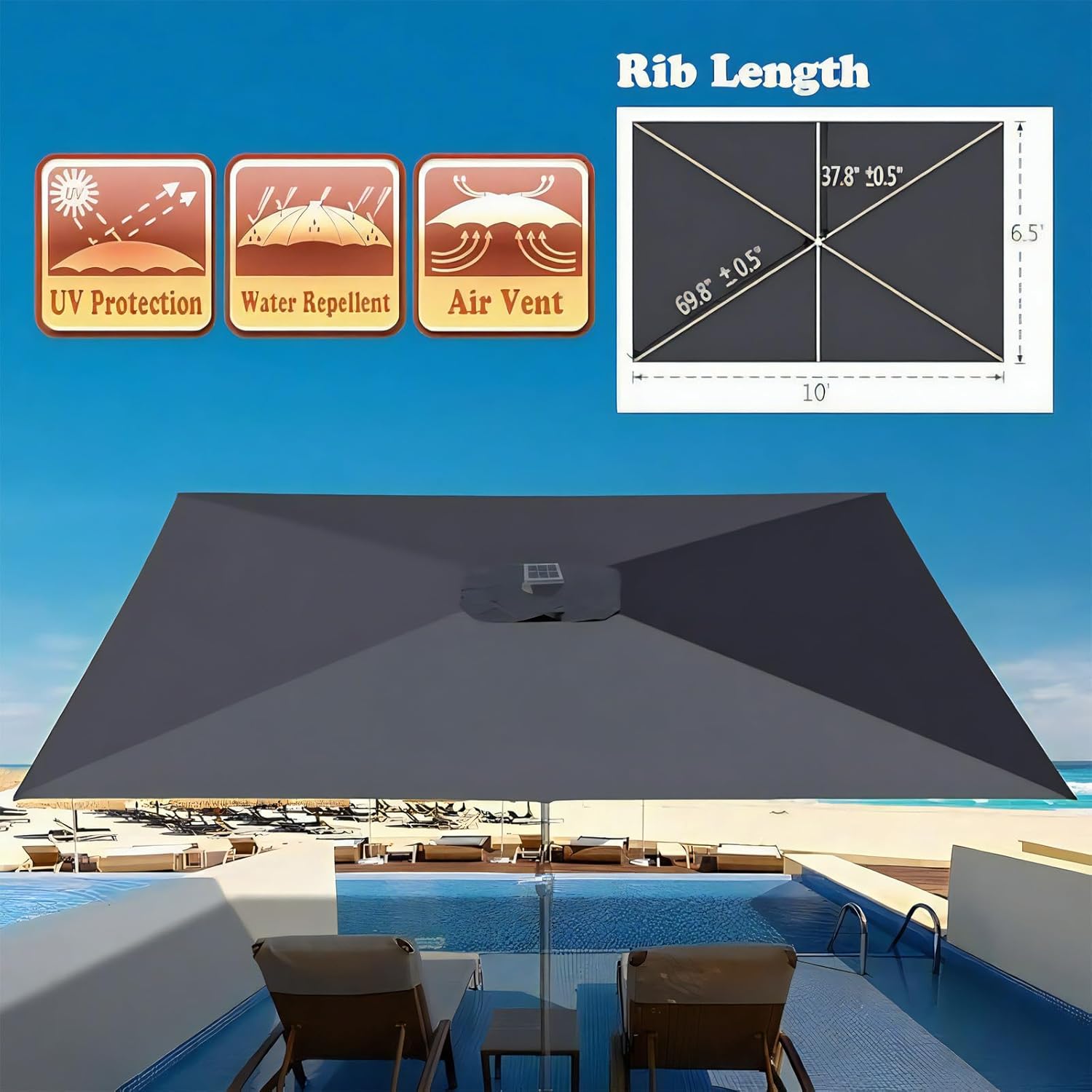 Outdoor Patio Umbrella Replacement Canopy 6 Ribs Gray