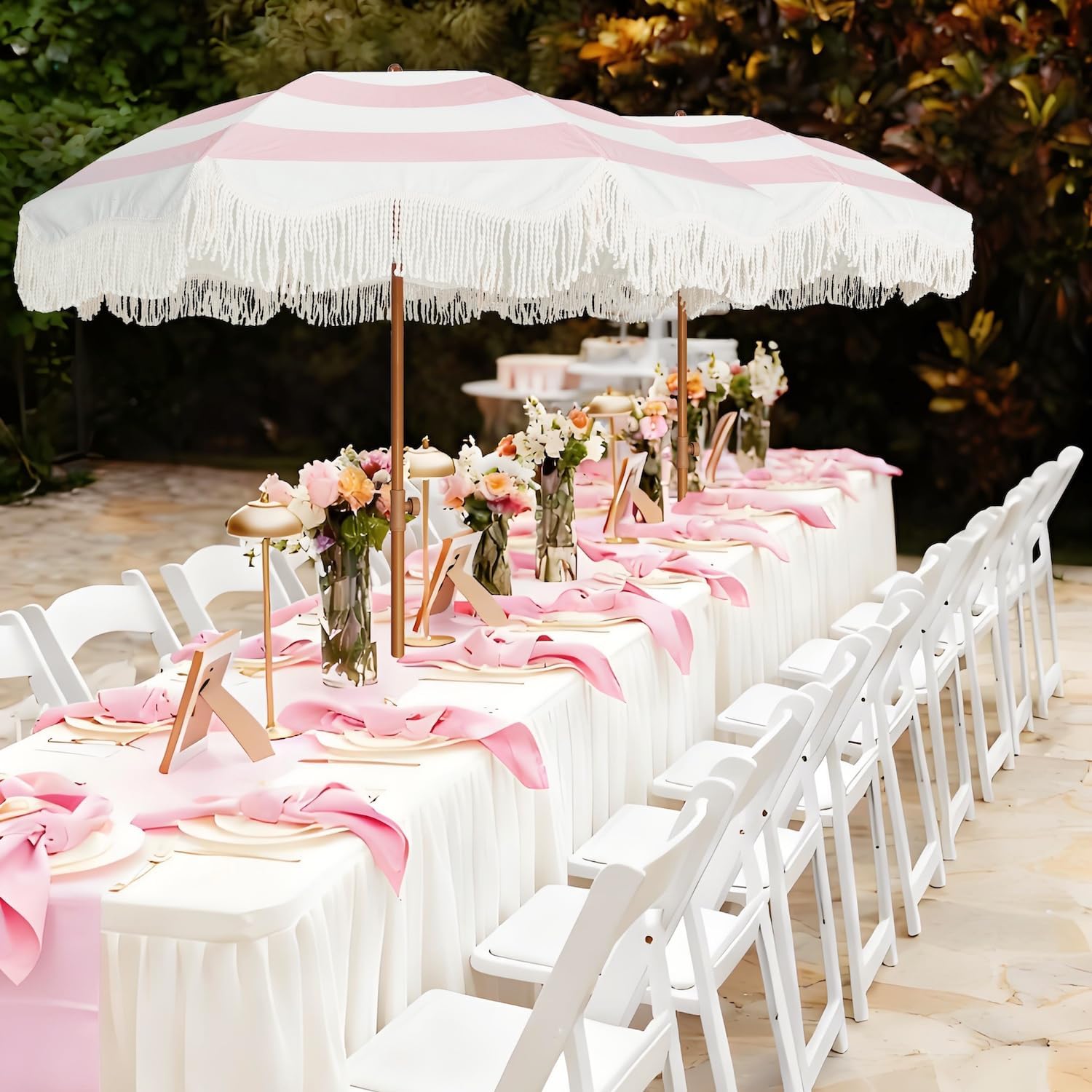 Boho Fringe Umbrella Outdoor Patio Pink Stripes