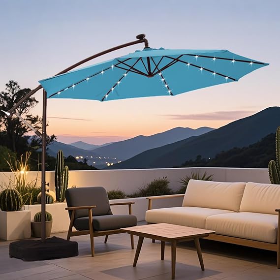 10ft Offset Solar LED Outdoor Patio Umbrella
