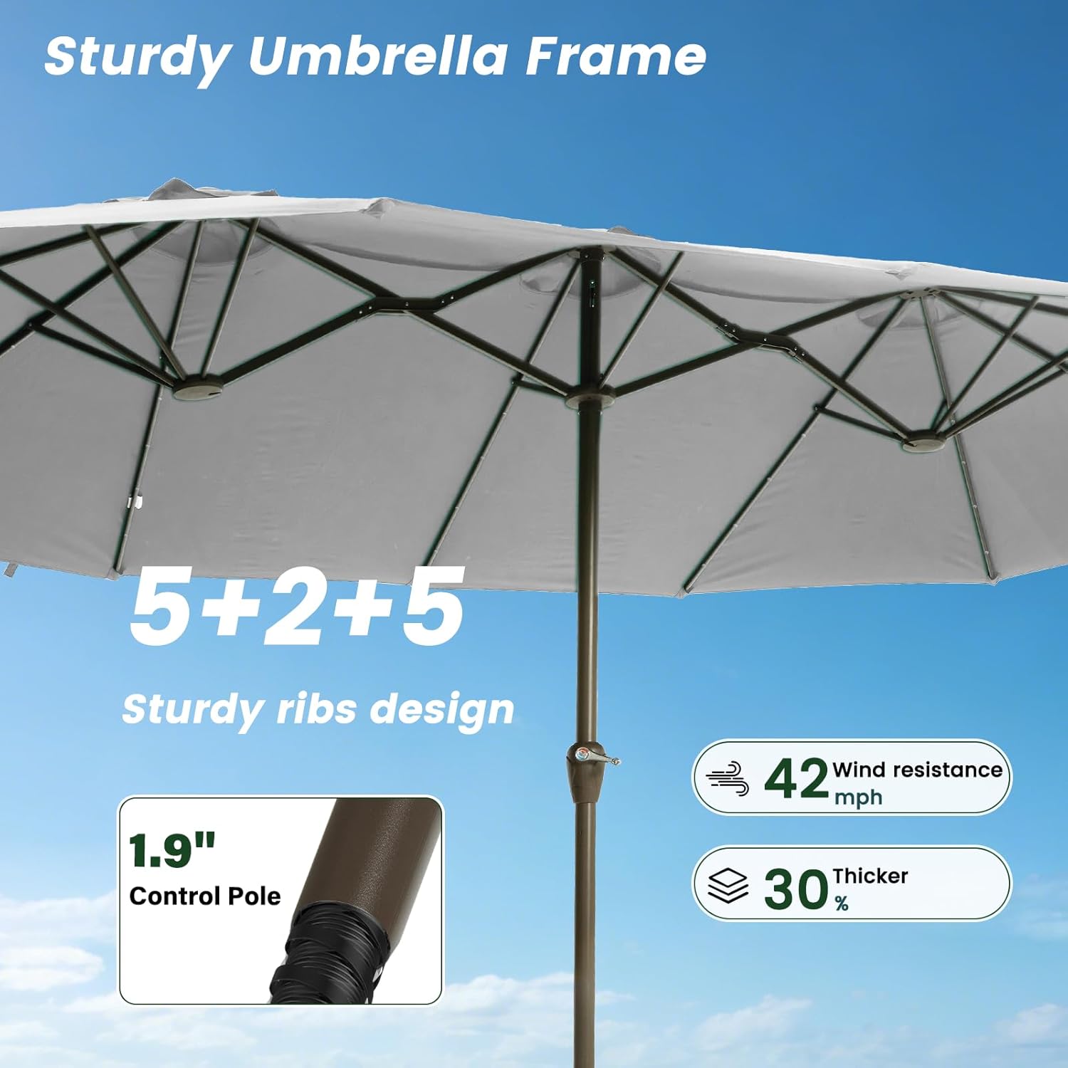 15FT Large Patio Umbrella with Solar Lights Light Gray